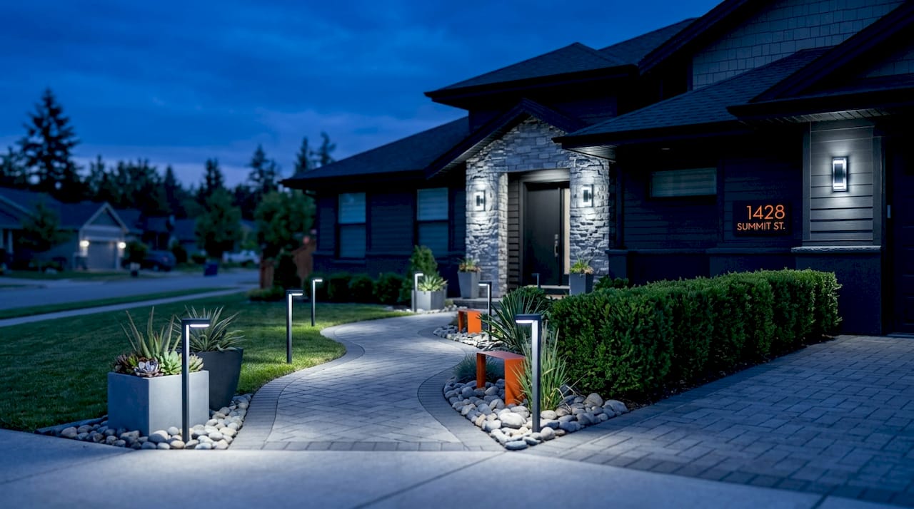 Modern home exterior warmly lit at night
