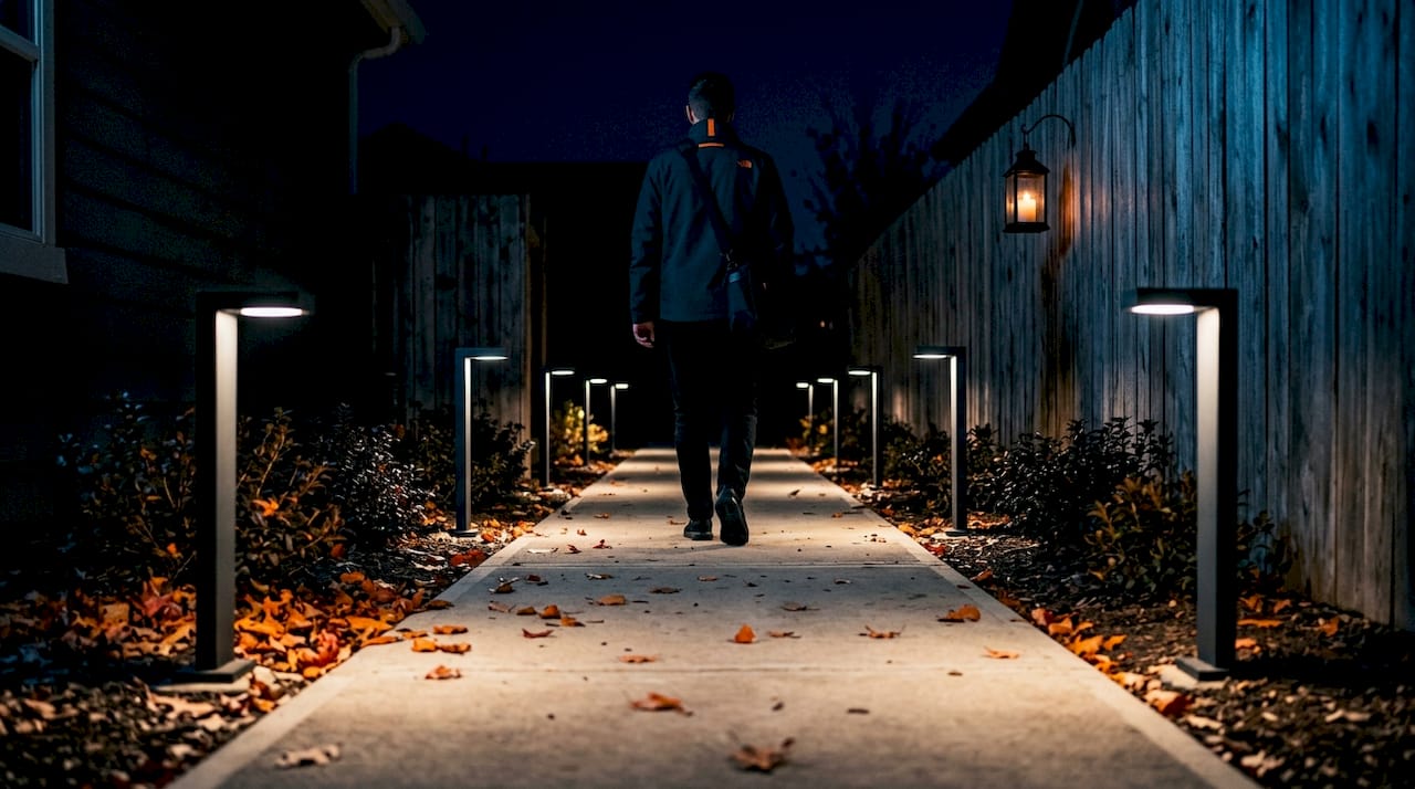 Warm path lights illuminating home walkway