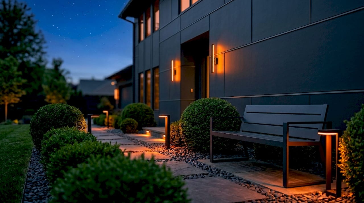 Warm outdoor lighting under starry night sky