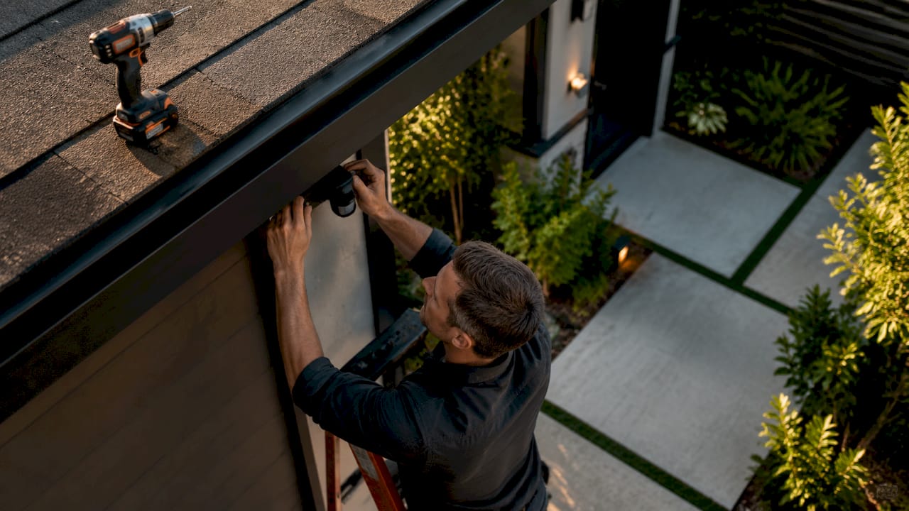Technician installing smart motion sensor outdoors