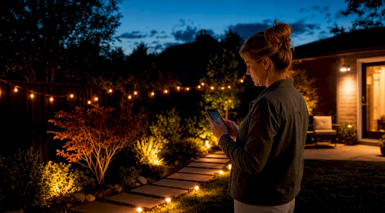Woman adjusting outdoor seasonal lighting via smartphone