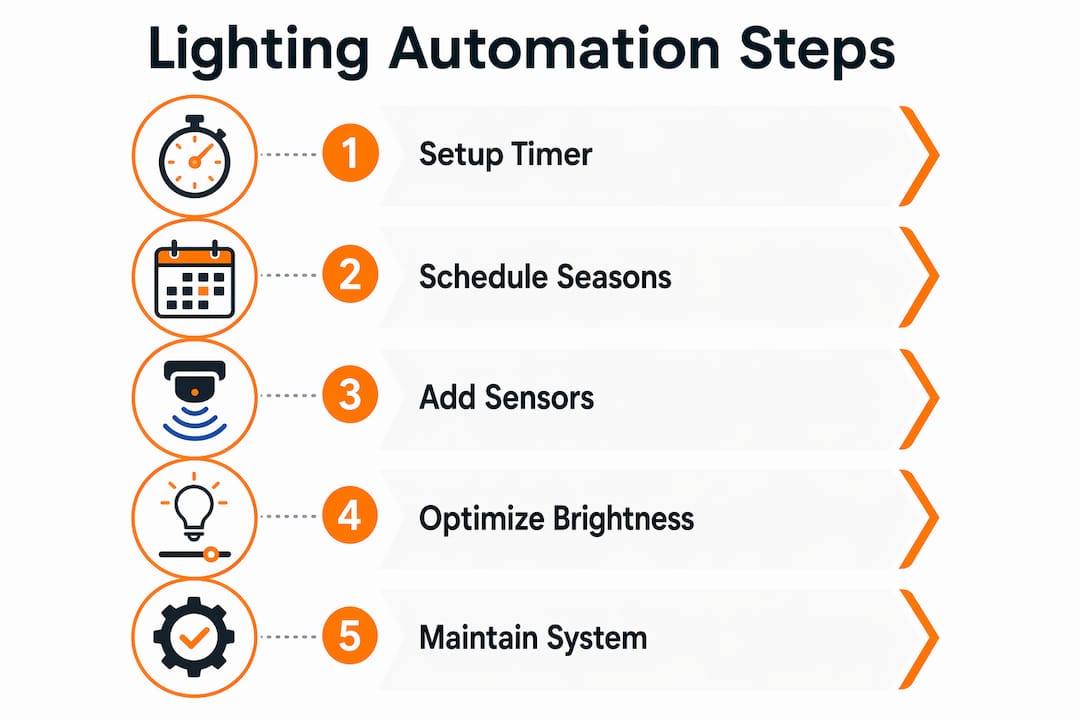 Infographic showing five steps of lighting automation setup