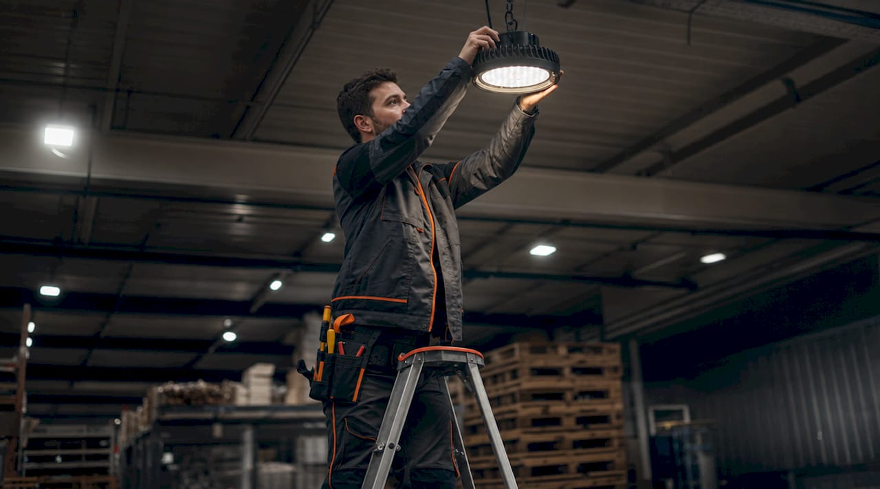 Technician installing LED lighting in warehouse