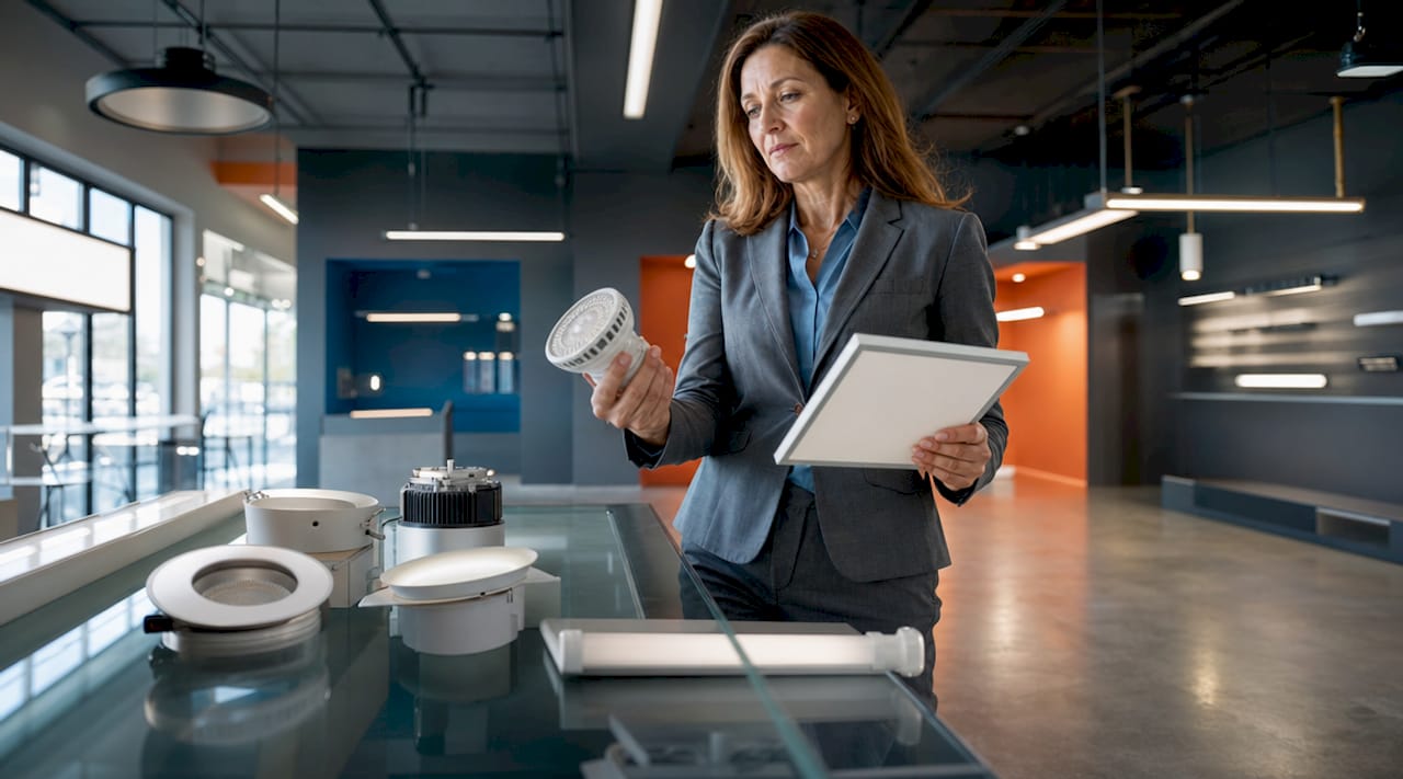 Facility manager inspecting LED light fixtures