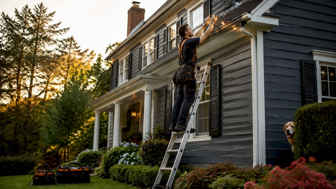 Technician installing permanent holiday roofline lighting