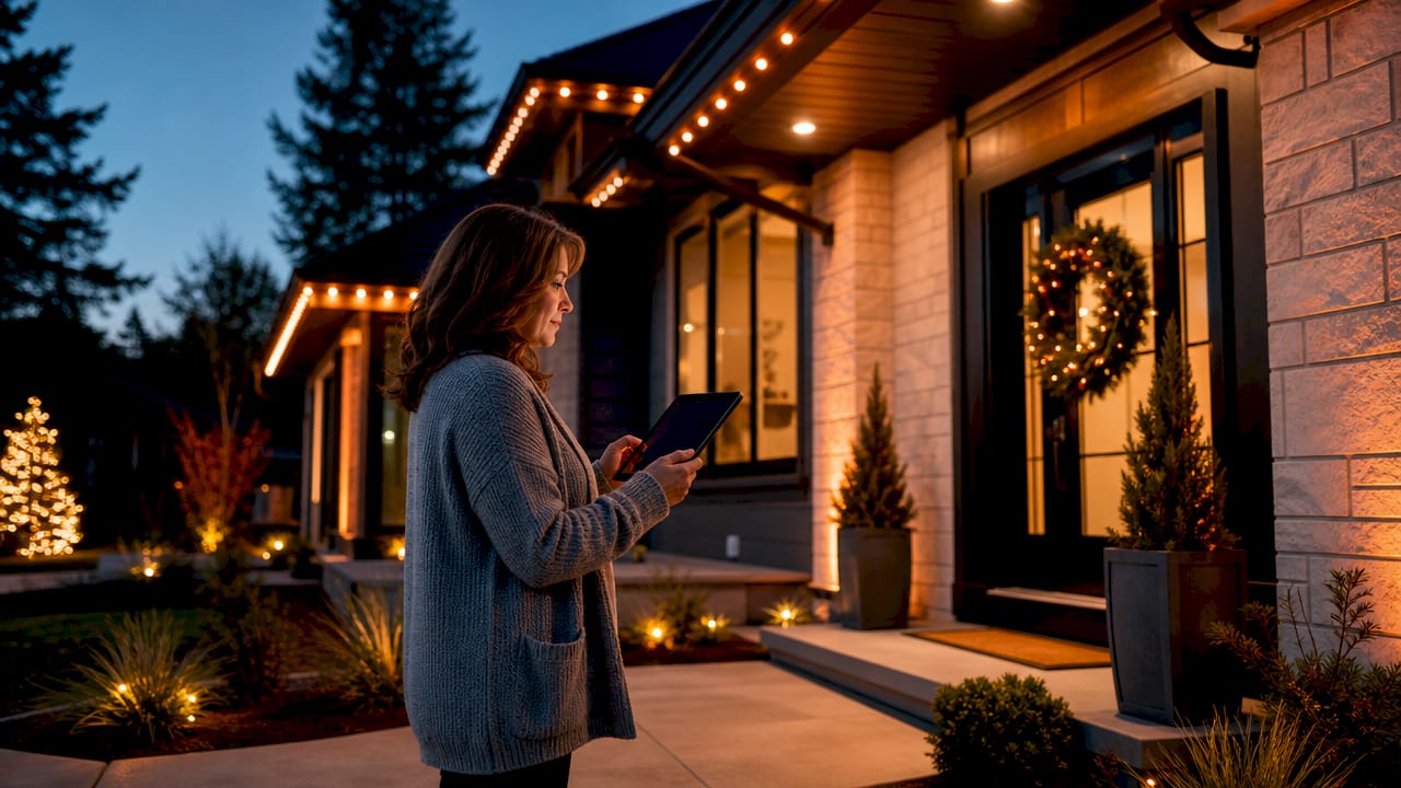 Homeowner using smartphone to control holiday lights