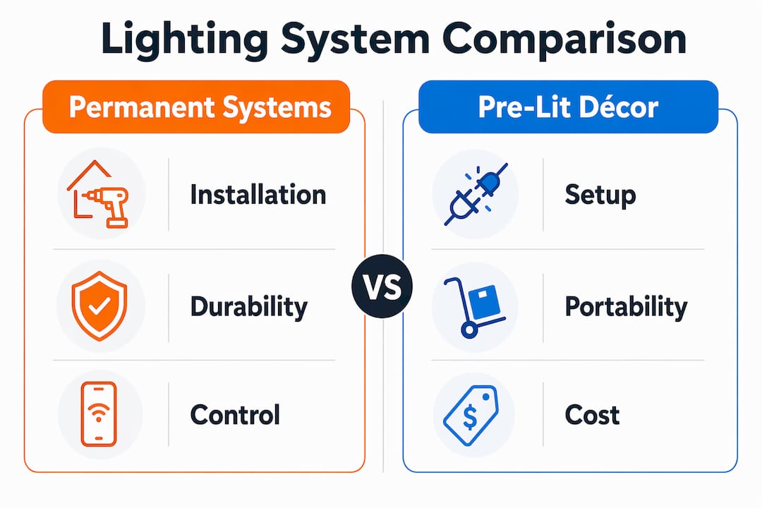 Infographic comparing permanent and pre-lit holiday lighting