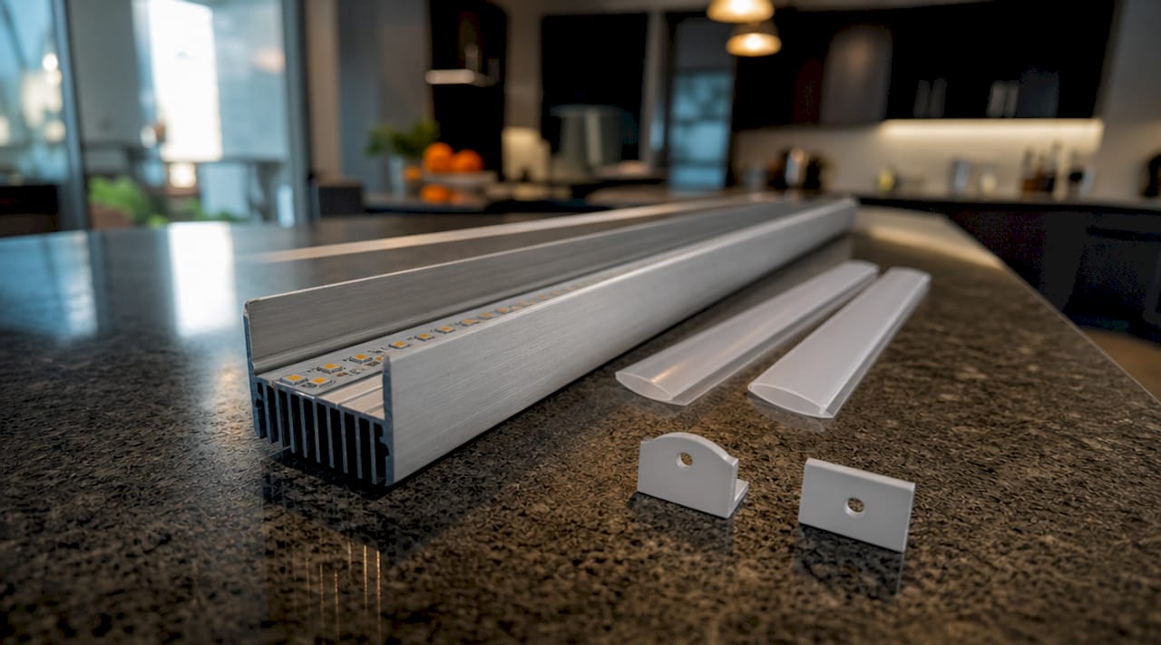 Close-up of aluminum LED channel with LED strip