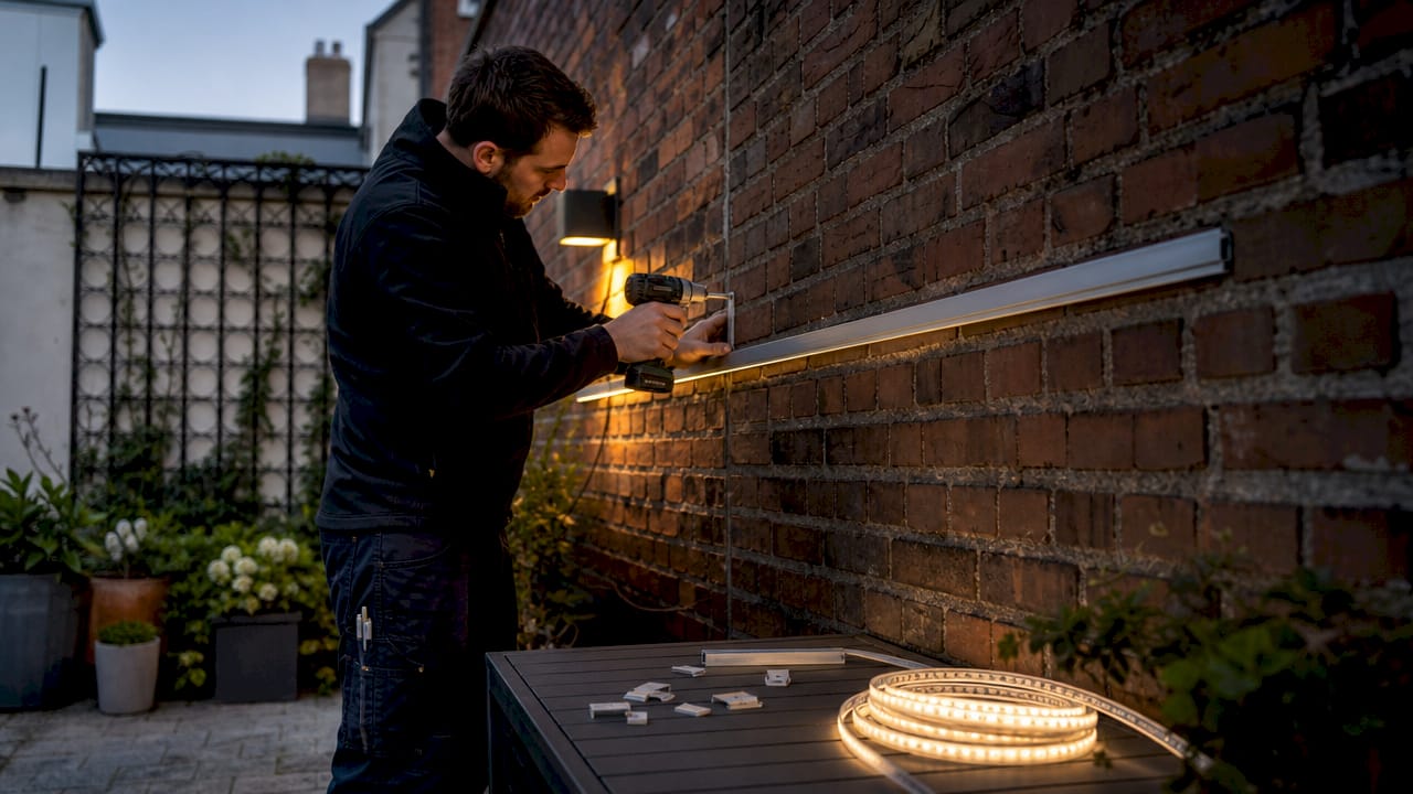 Installer mounting LED channel on outdoor wall