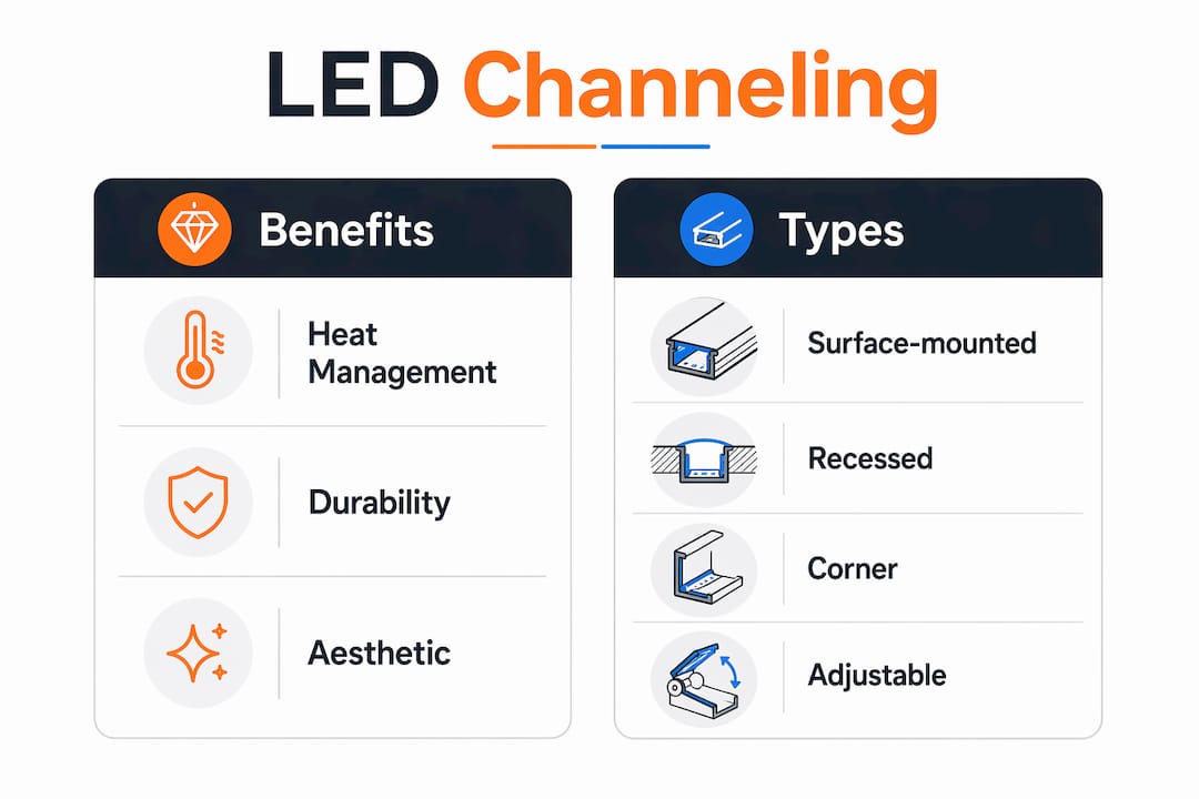 Infographic illustrating LED channeling benefits and types
