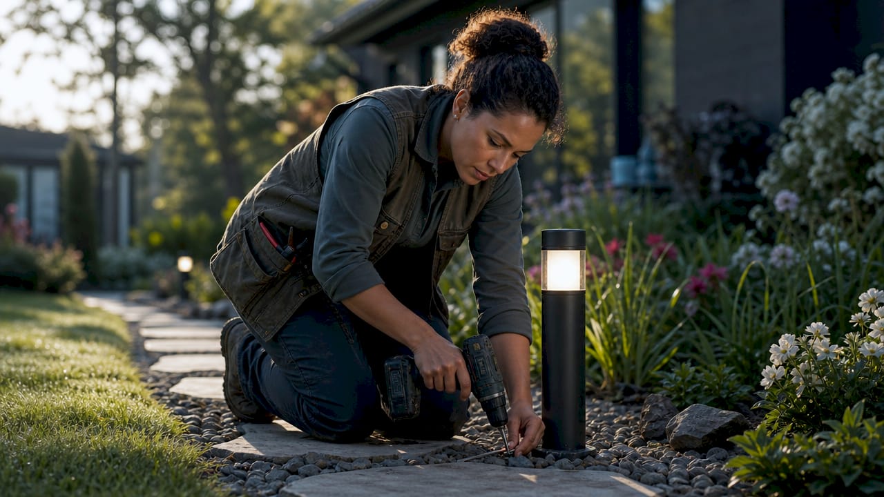 Electrician installing LED pathway light outdoors at dusk