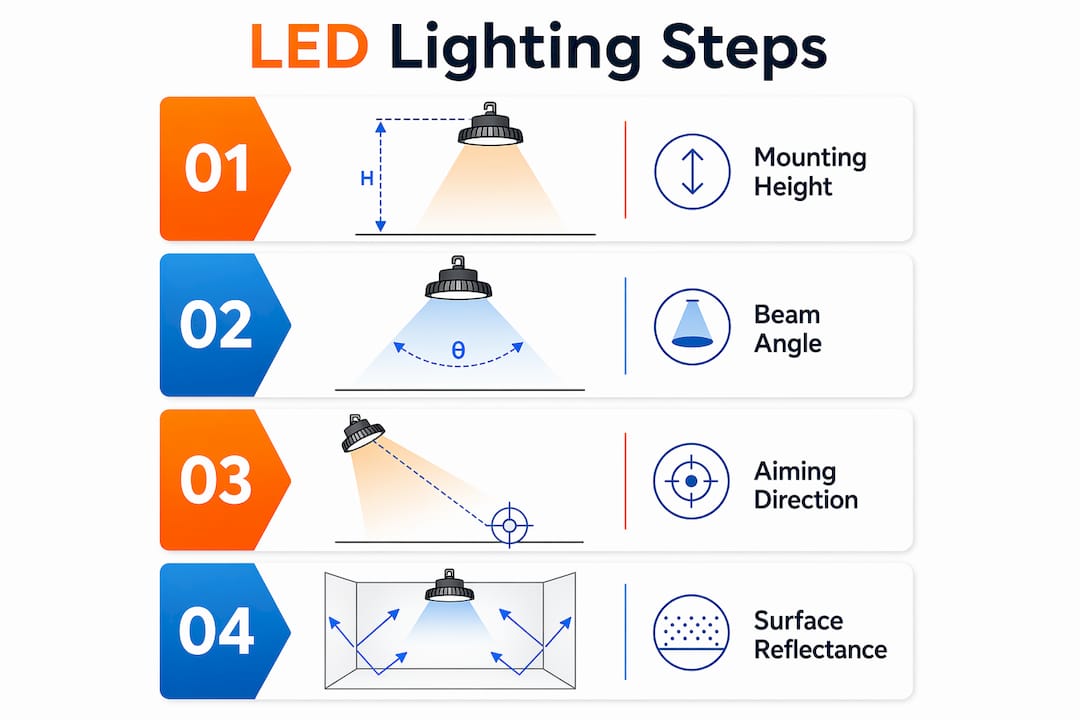 Infographic showing four key factors in LED fixture placement