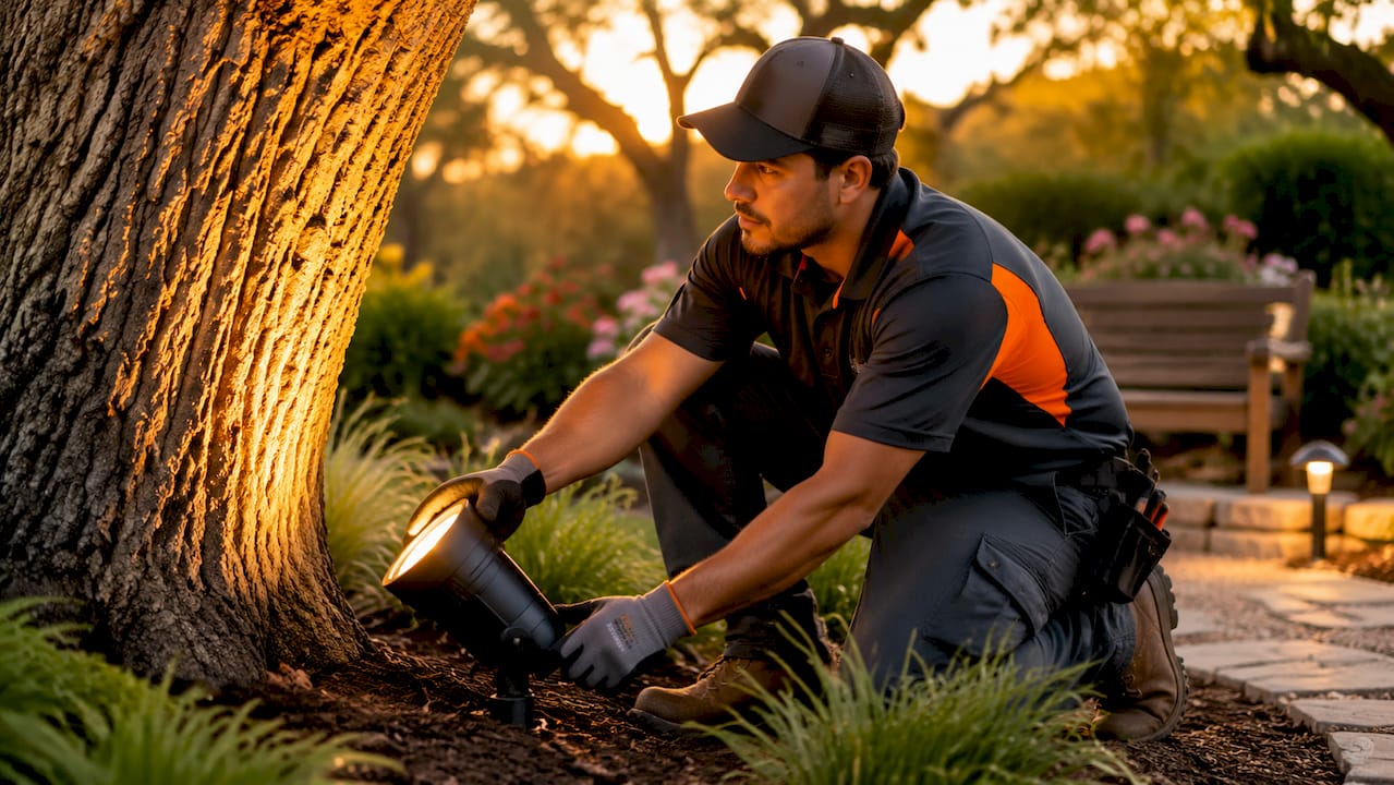 Close-up of hands installing uplight on oak tree