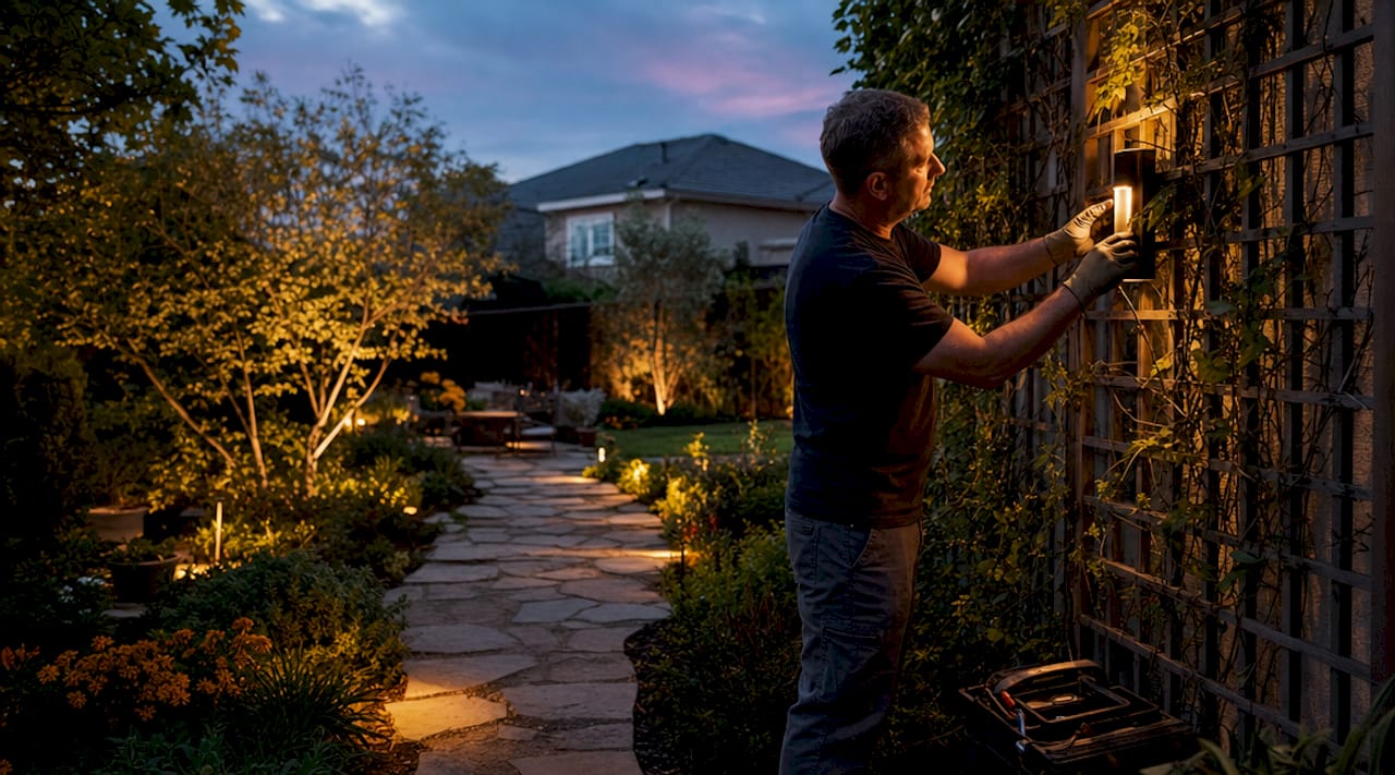 Man adjusting outdoor uplighting on tree