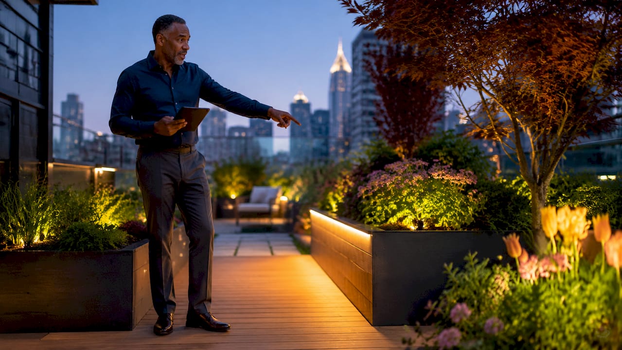 Man coordinating outdoor lighting colors in backyard