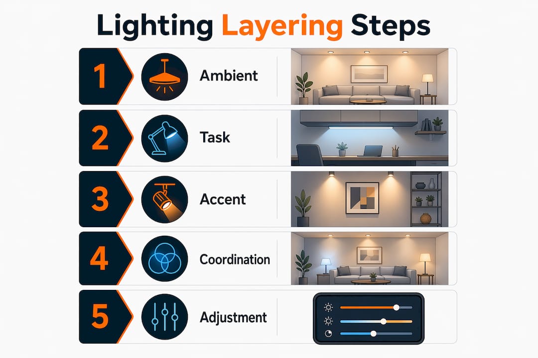 Infographic showing step-by-step outdoor lighting layering