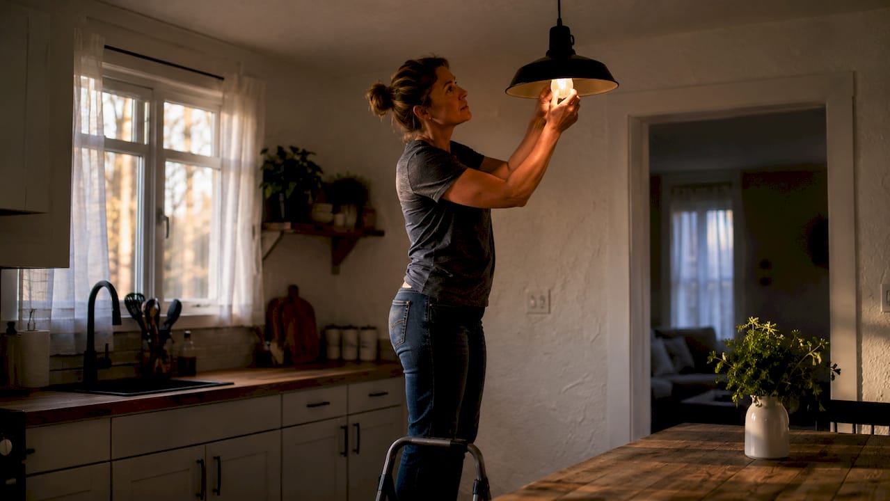 Homeowner replacing incandescent bulb with LED