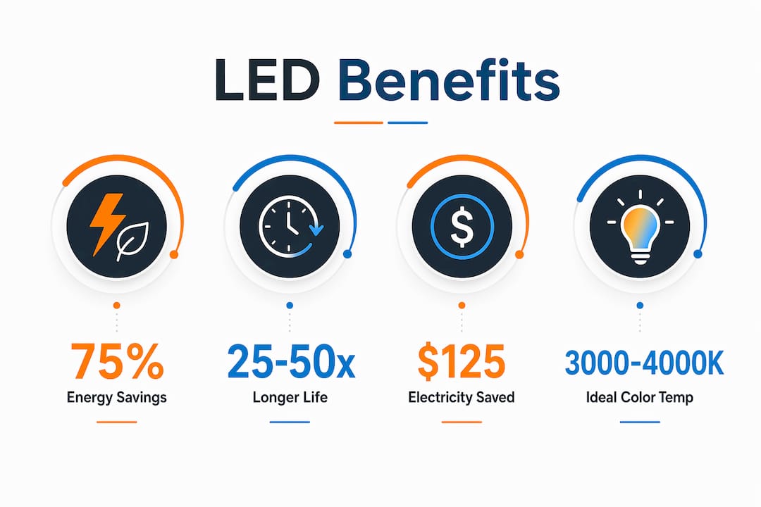 Infographic highlighting LED lighting benefits and savings