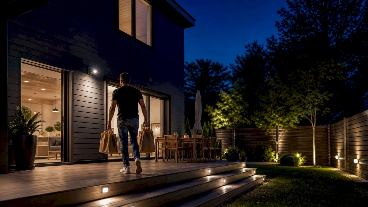 Automatic outdoor lights activating on home approach