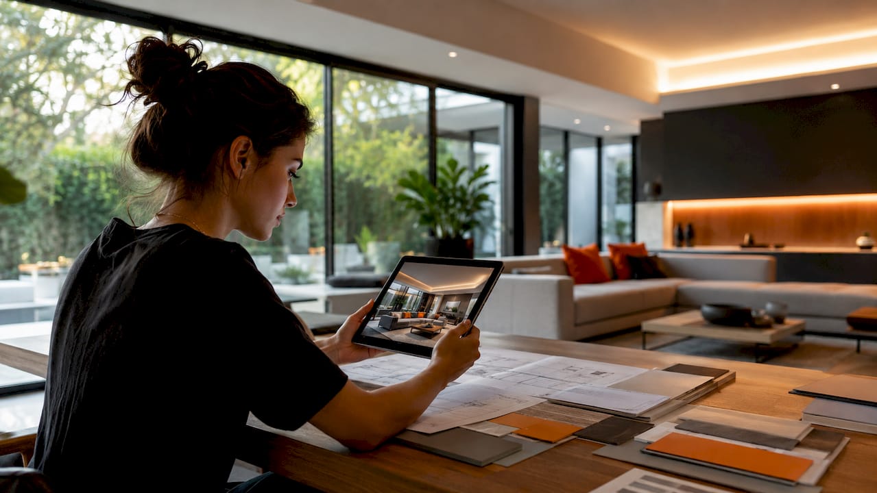 Interior designer assessing LED lit living room
