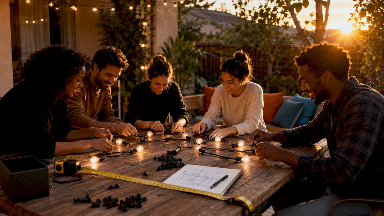Hands arranging holiday lighting components on table
