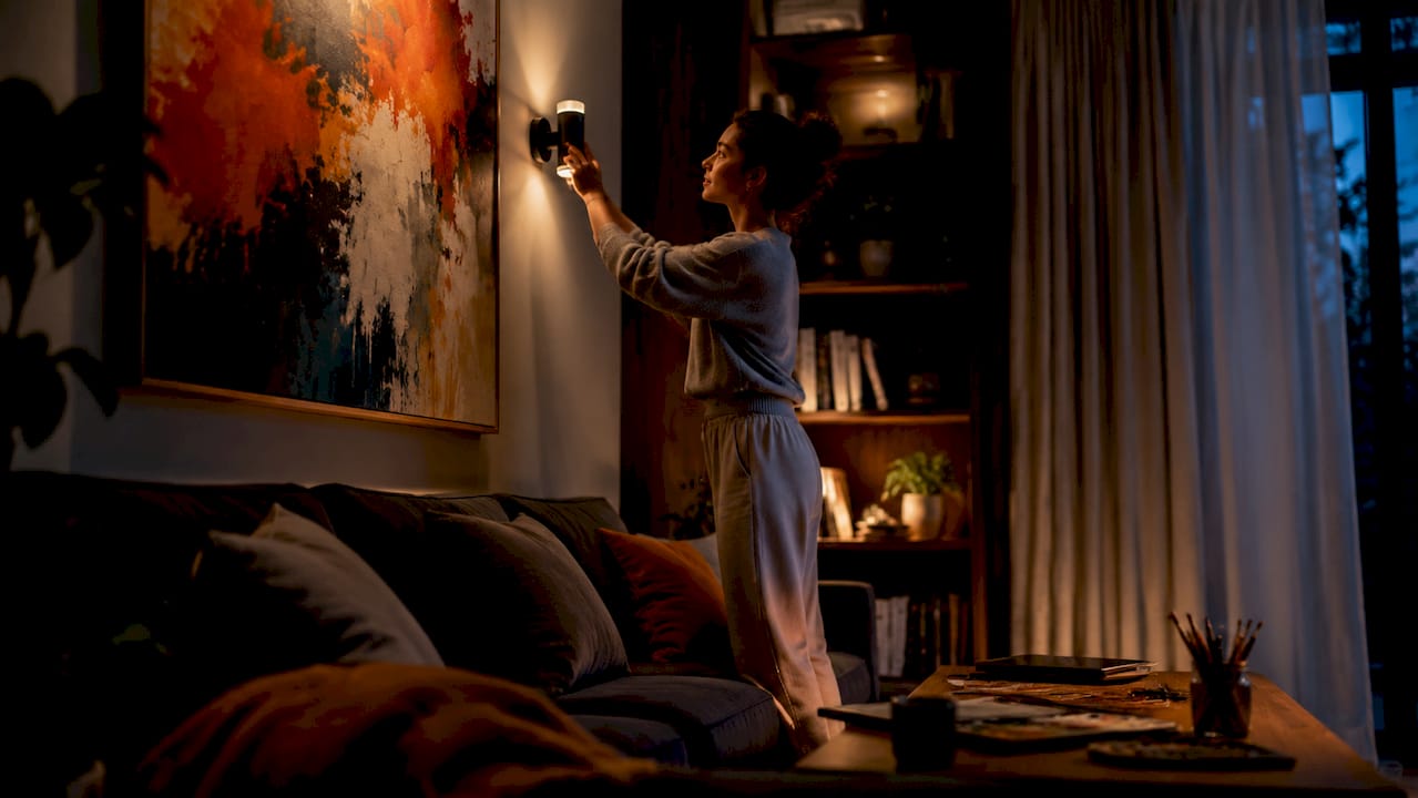 Woman adjusting modern accent lighting in living room