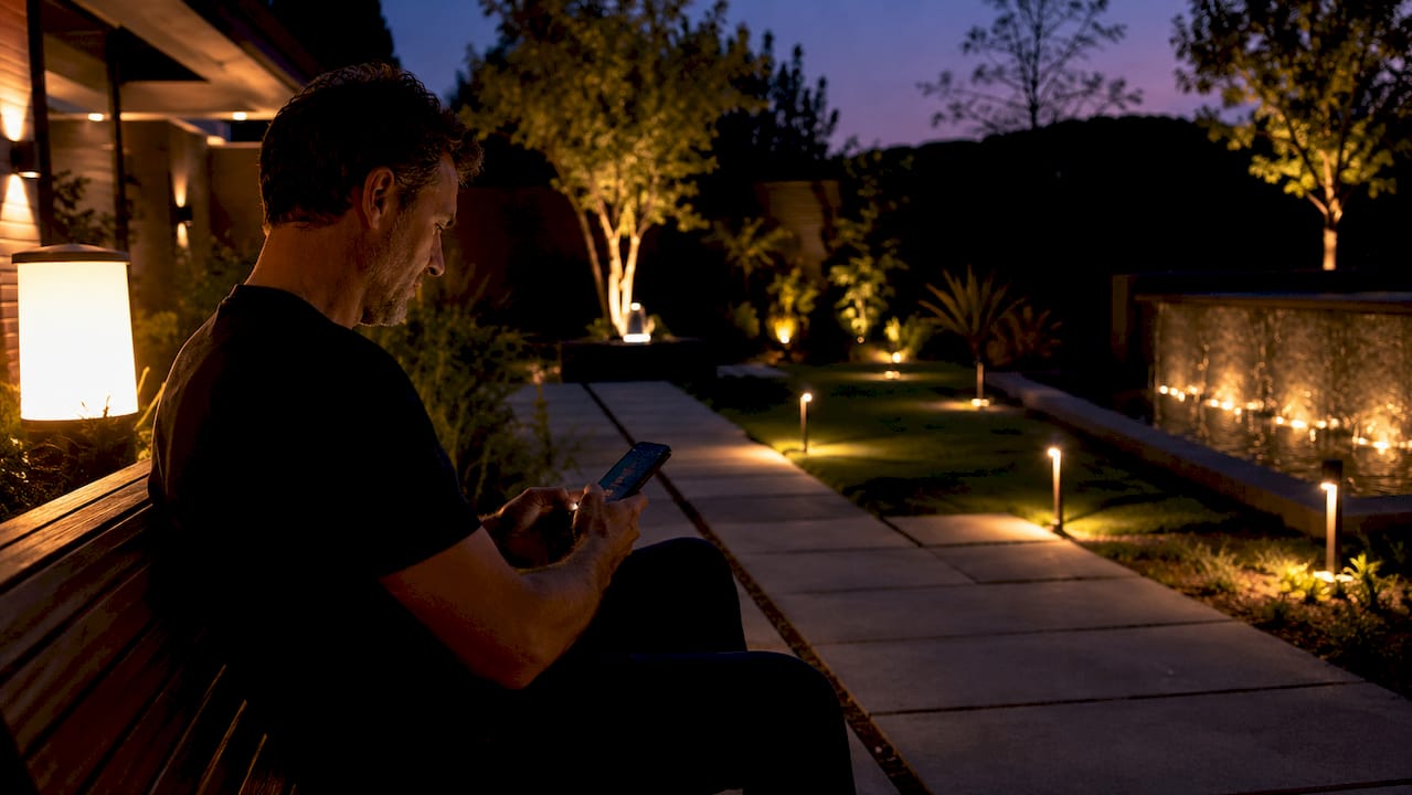 Man controlling smart exterior lights with smartphone