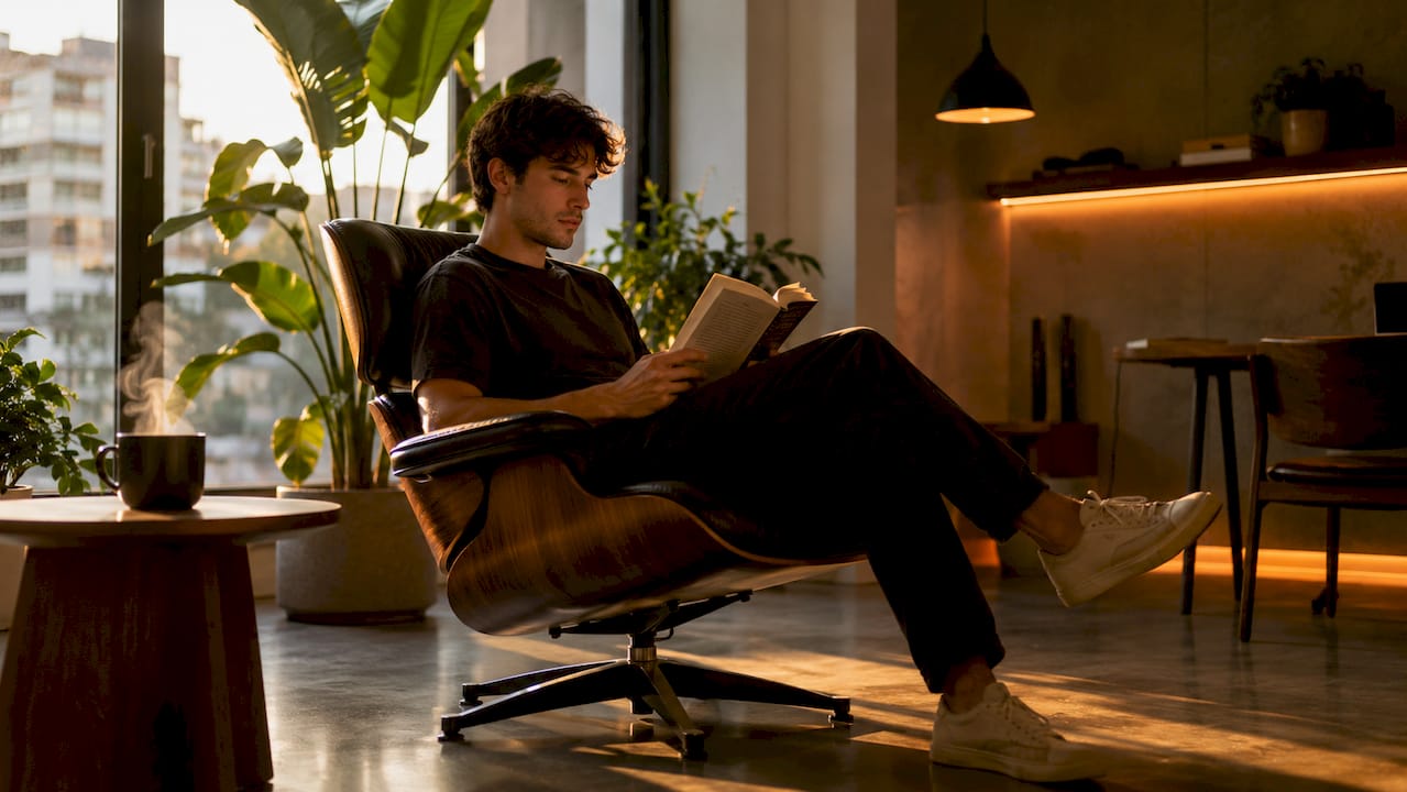 Man relaxing under layered accent lighting
