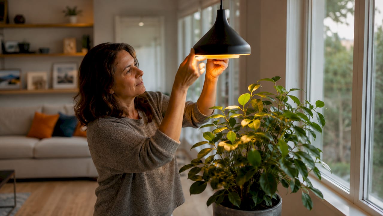 Woman adjusting accent lighting in living room niche