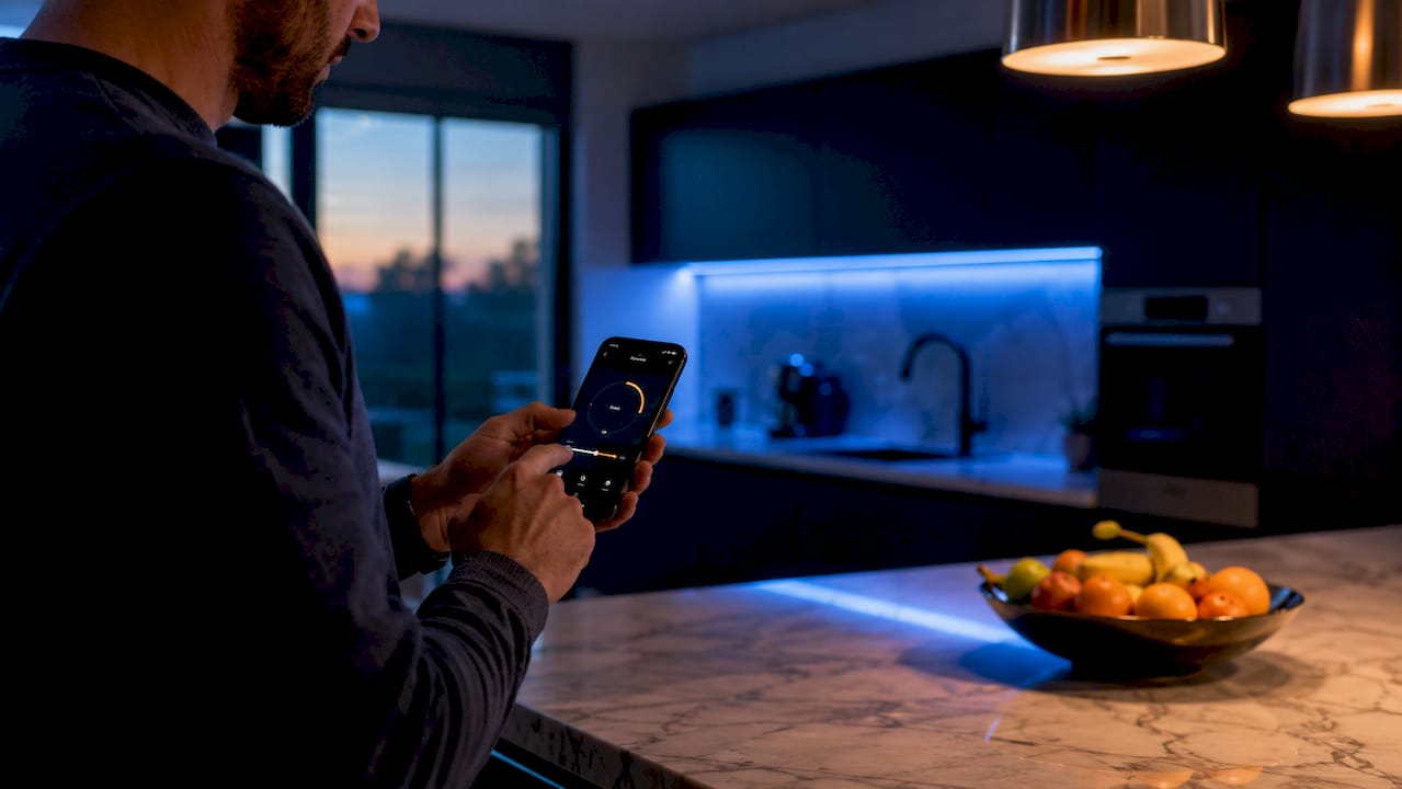 Hands adjusting LED lighting color temperature via smartphone
