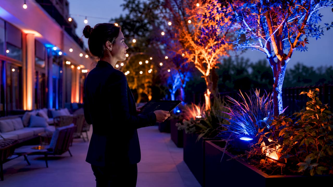Event planner setting LED uplights in banquet hall