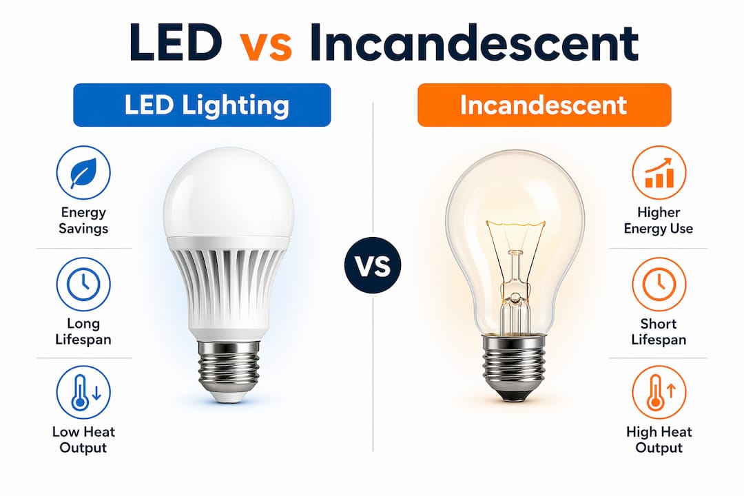 Infographic comparing LED and incandescent lighting features