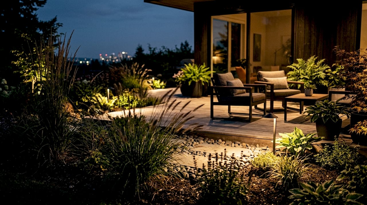 Outdoor home lighting with digital timer at dusk