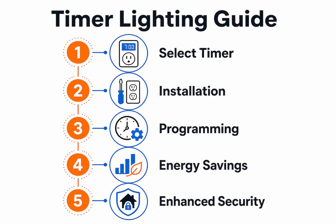 Infographic illustrating timer lighting steps and benefits