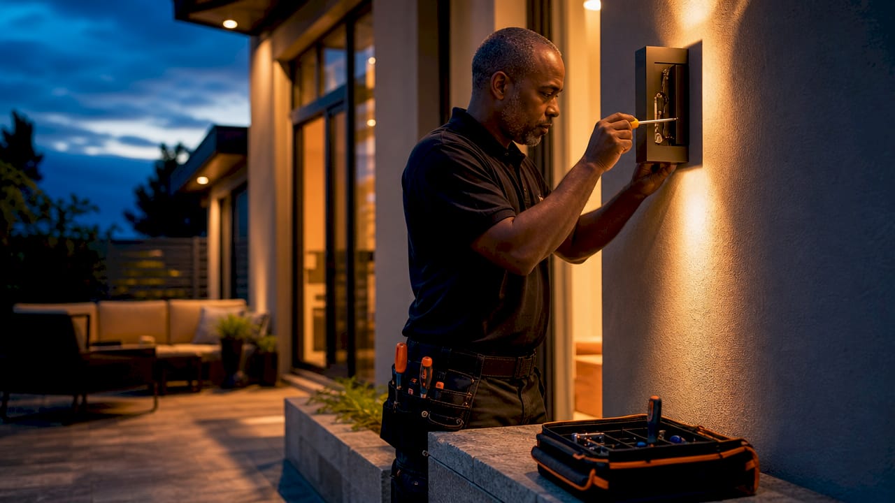 Lighting installer wiring outdoor home fixture