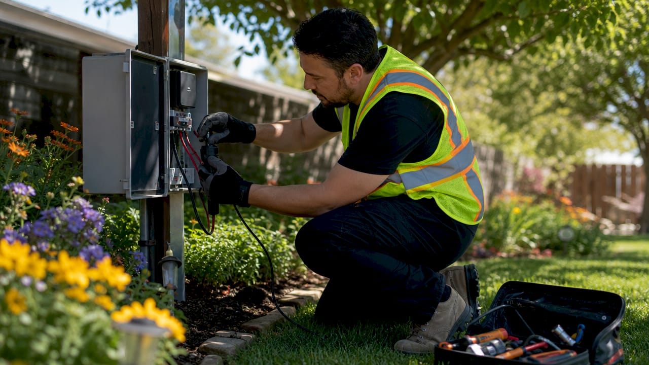 Technician wiring surge protector on outdoor lighting panel