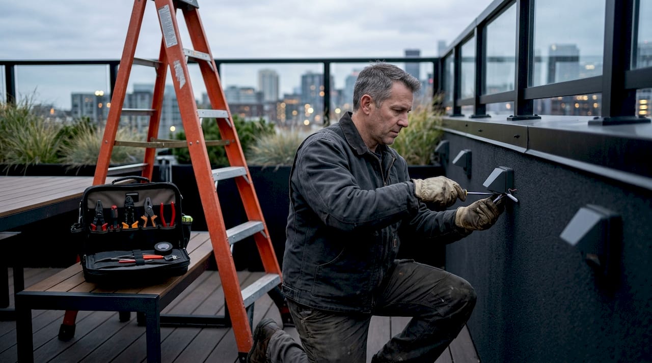 Electrician installing stormproof outdoor light fixture