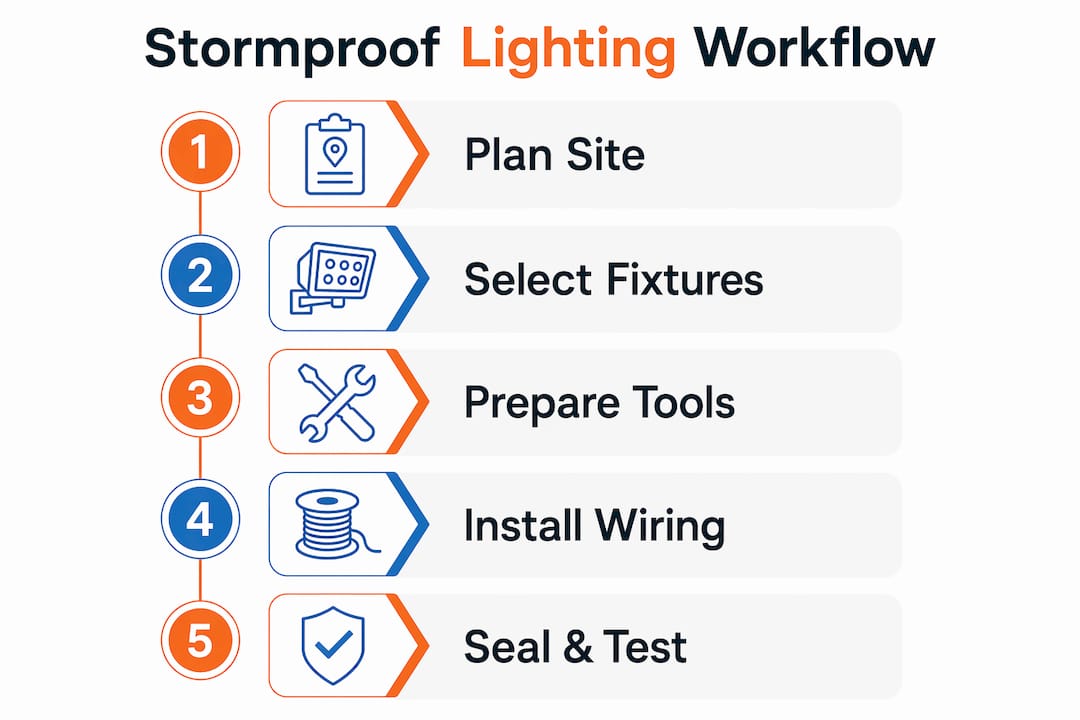 Infographic illustrating stormproof lighting installation steps
