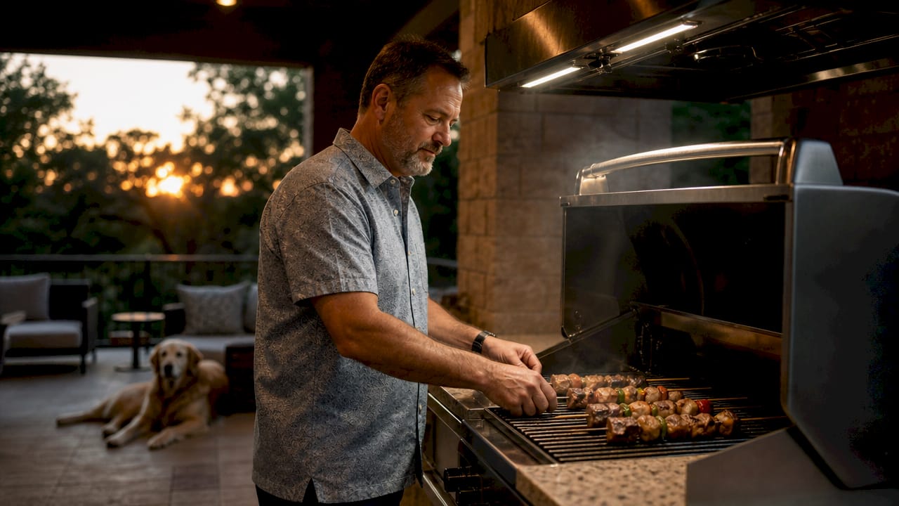 Homeowner grilling under LED task lights on patio