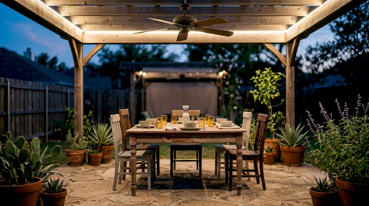 Texas patio lit with warm white LED lights at dusk