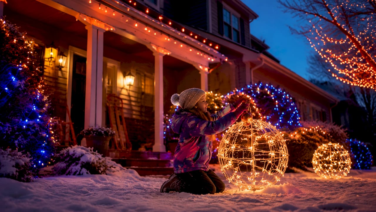 Decorated home glowing with outdoor holiday lights