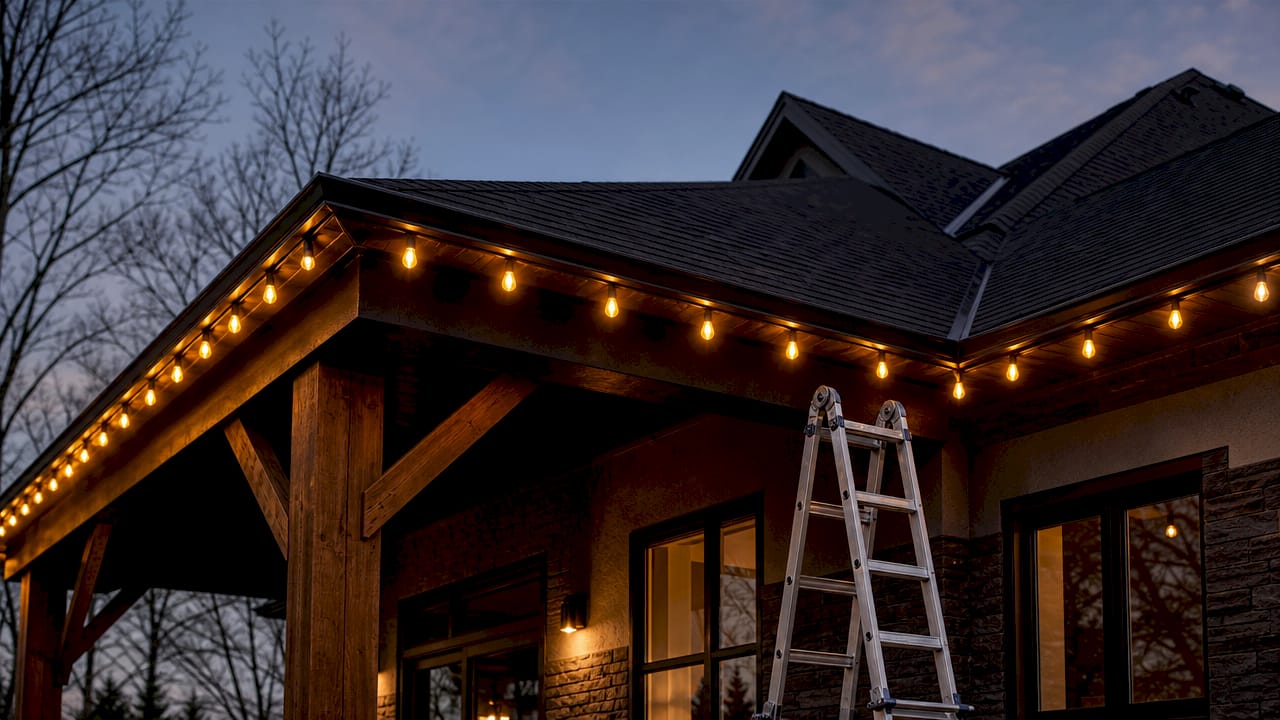 Close-up of C9 bulbs outlining roofline