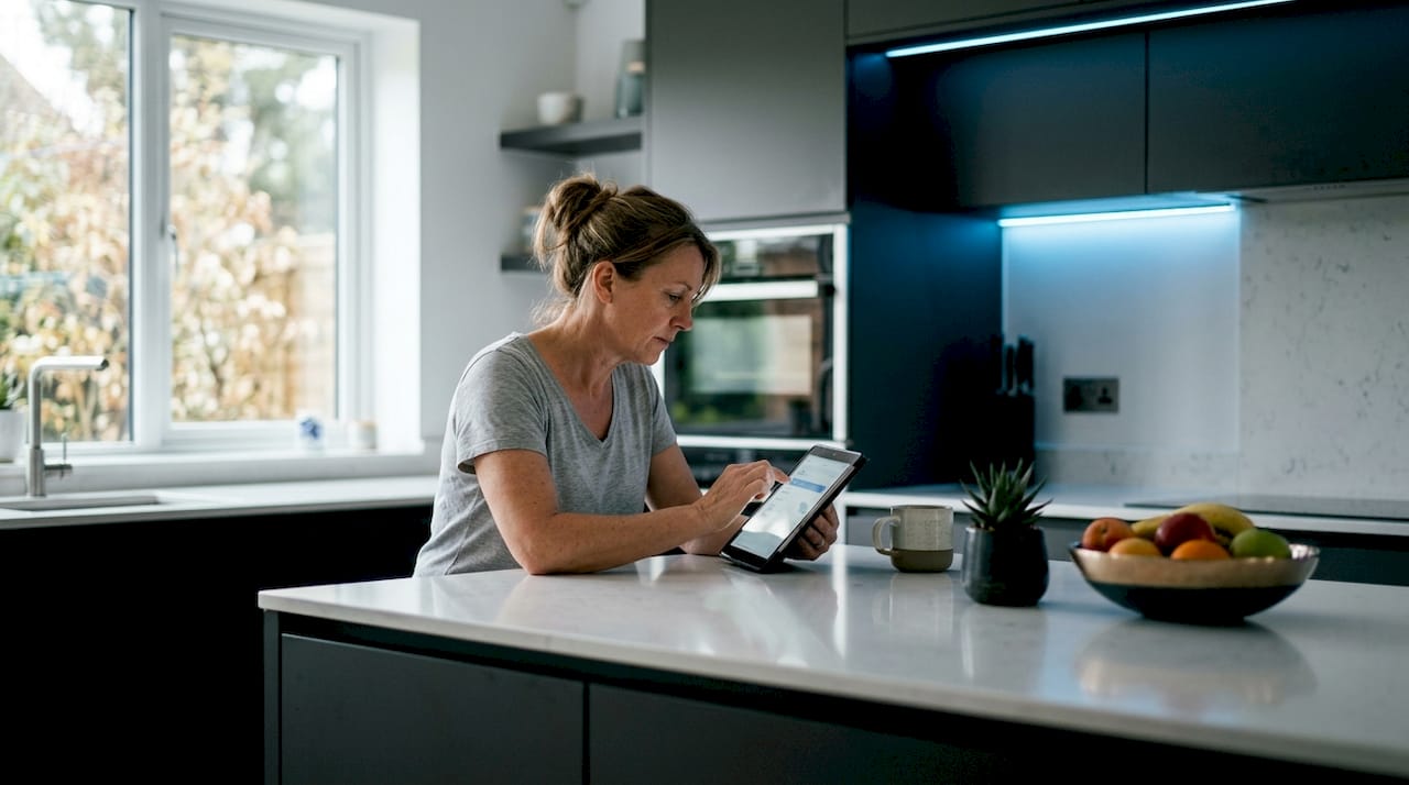 Woman adjusting smart home lighting with app