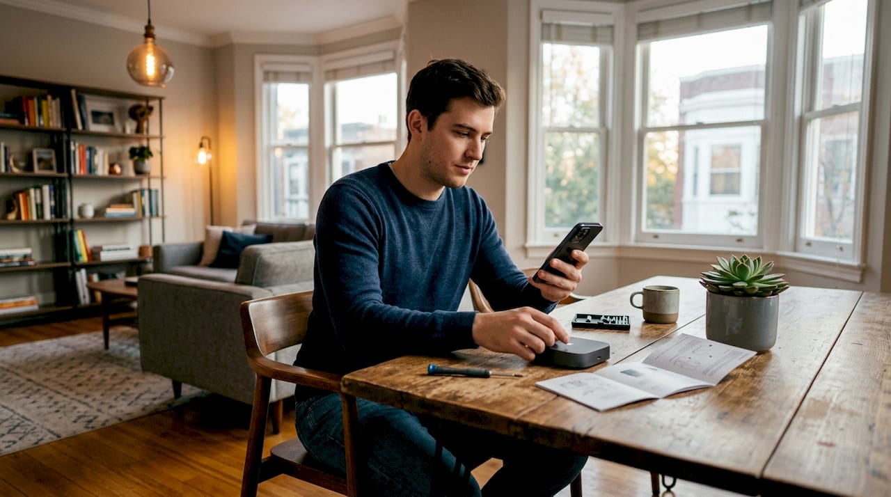 Hands setting up smart lighting device with smartphone