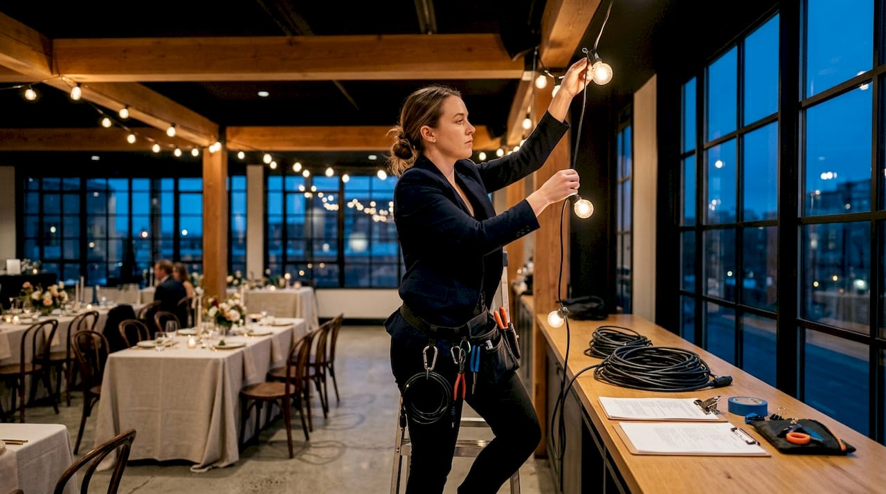 Event planner setting up outdoor string lights