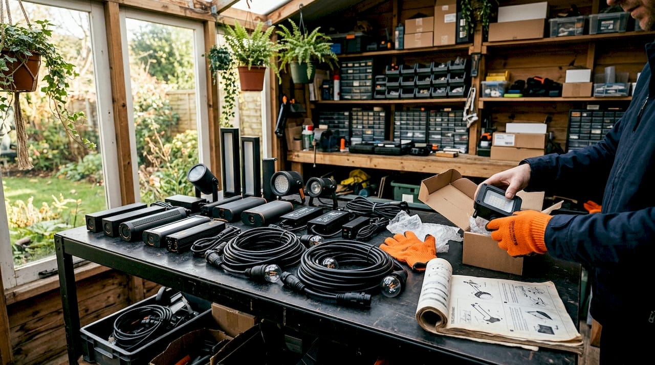 Close-up of outdoor lighting equipment on workbench