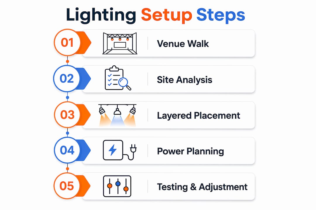 Infographic showing outdoor lighting setup steps
