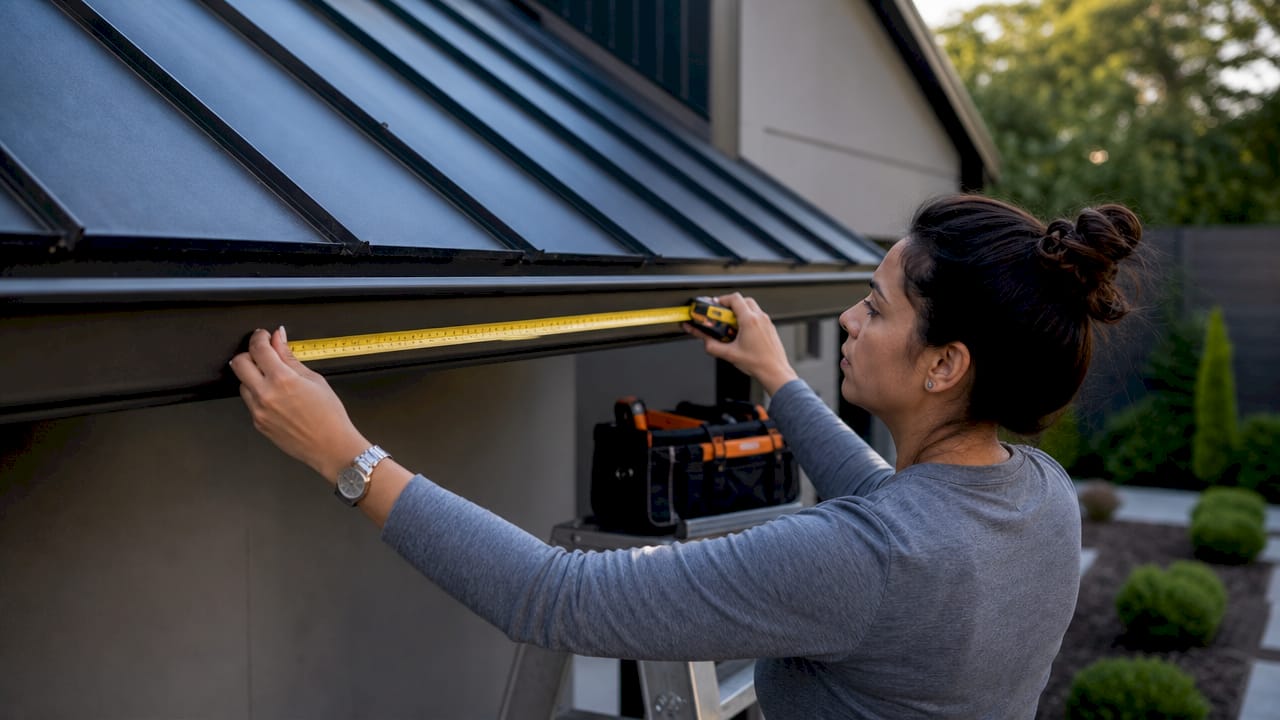 Hands measuring house roofline for holiday lights installation