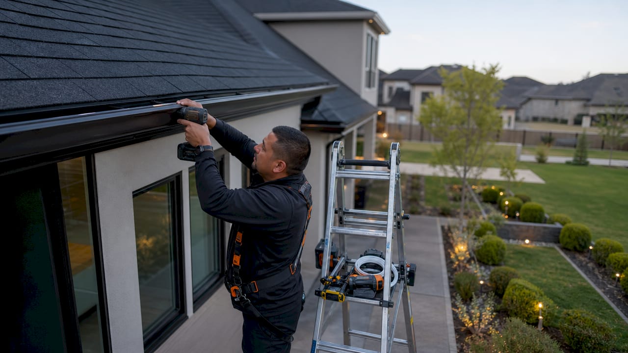 Technician installs permanent holiday lights on home exterior