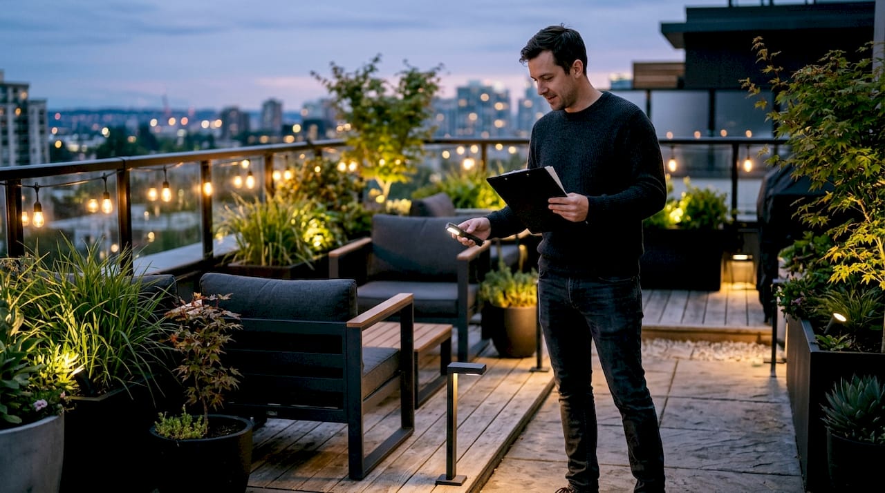 Homeowner inspecting seasonal outdoor lighting